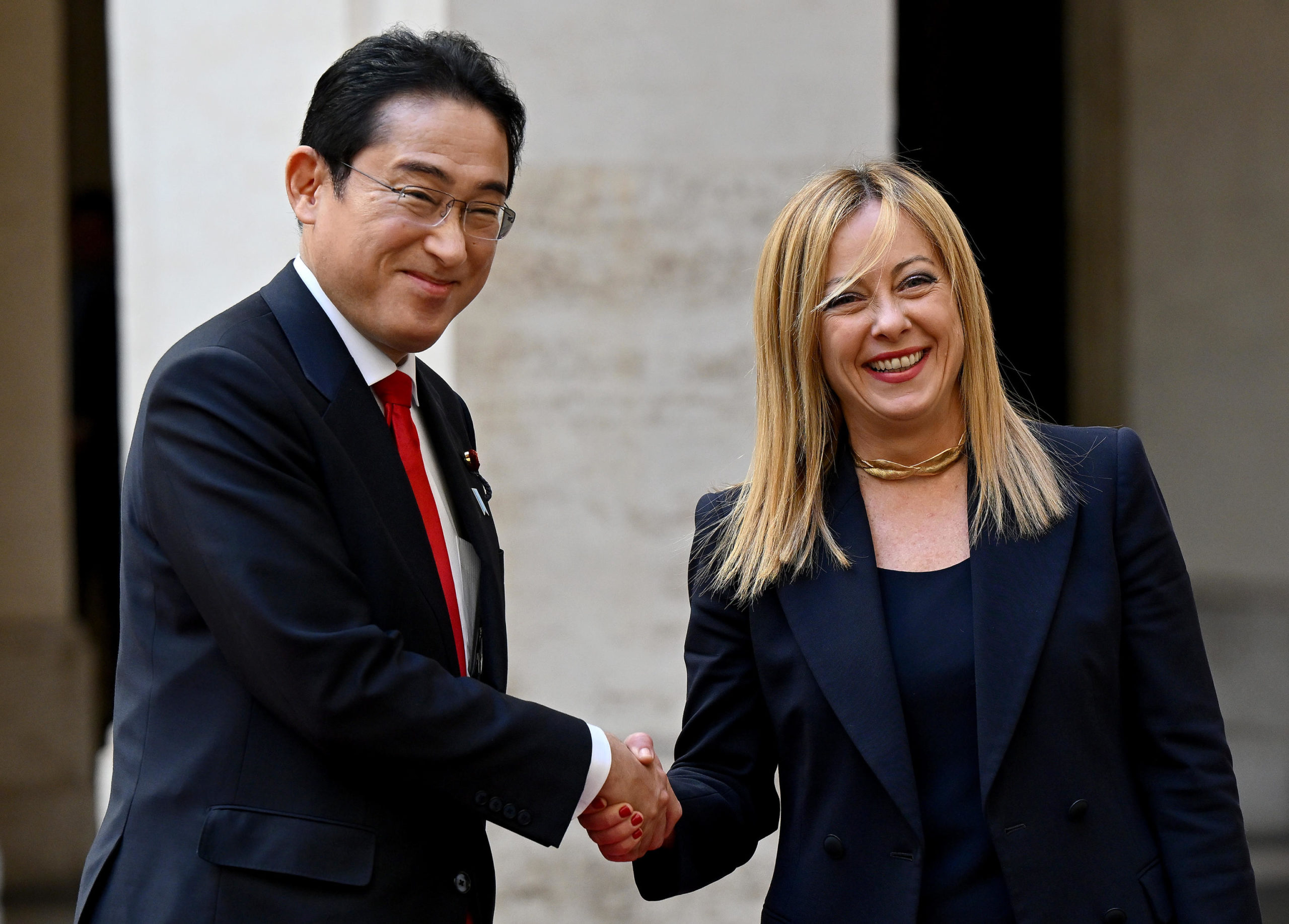 Italian Prime Minister Giorgia Meloni (R) welcomes Japanese Prime Minister Fumio Kishida at the Chigi palace in Rome, Italy, 10 January 2023. ANSA/ETTORE FERRARI