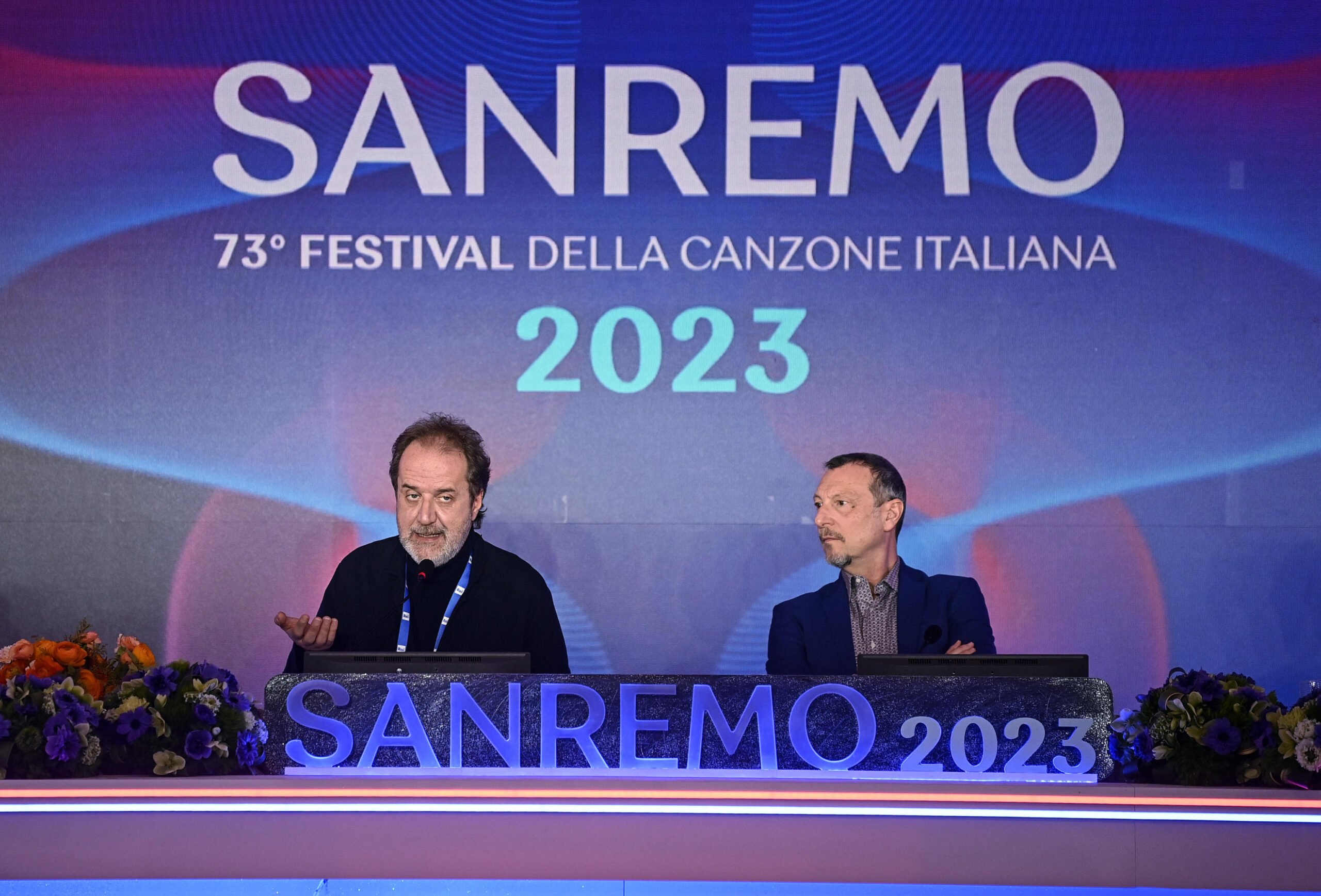 Sanremo Festival host and artistic director Amadeus (R) and Italian Rai 1 TV Director, Stefano Coletta (L) during a press conference at the 73rd Sanremo Italian Song Festival, in Sanremo, Italy, 10 February 2023. The music festival will run from 07 to 11 February 2023.  ANSA/RICCARDO ANTIMIANI