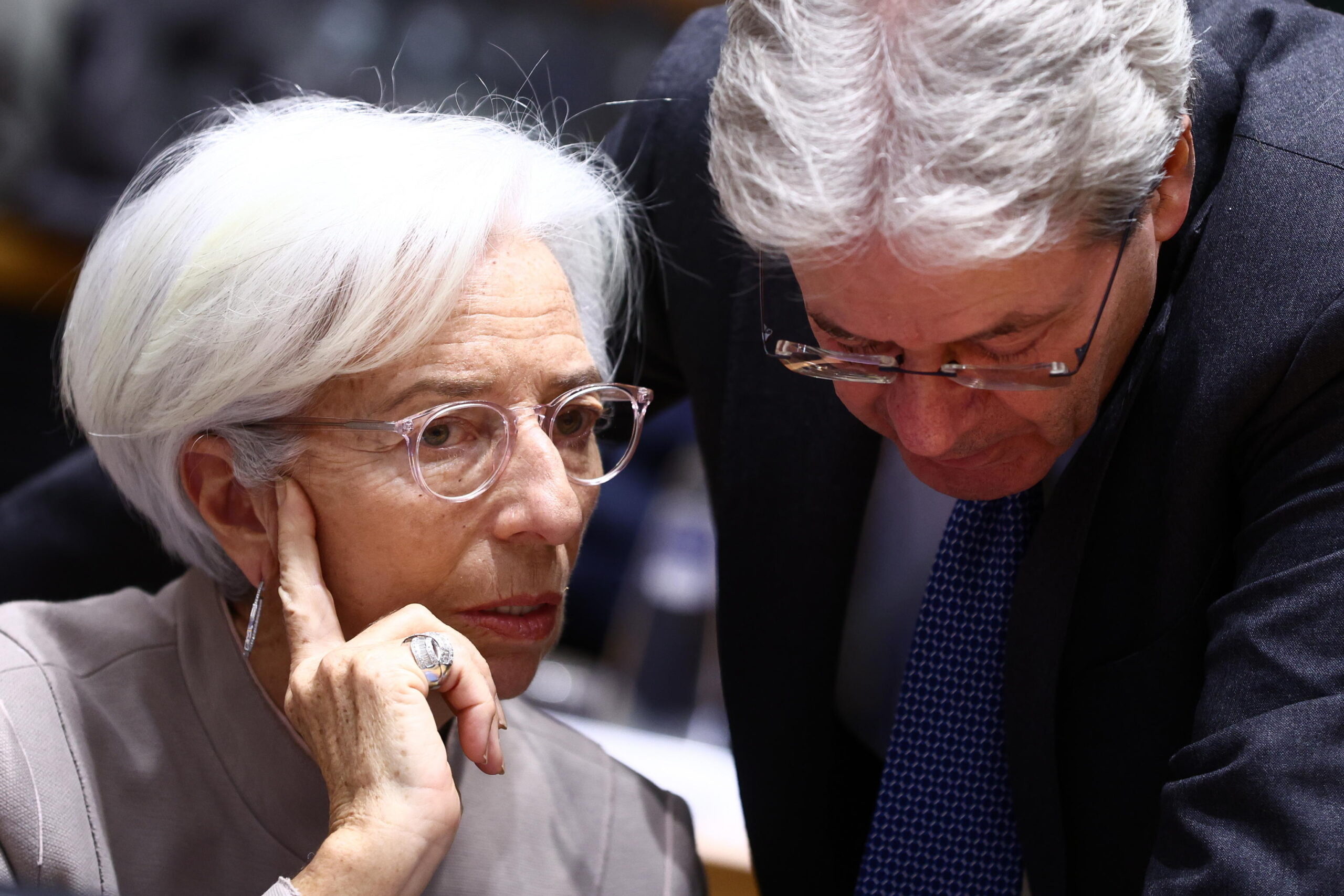 epa10465071 European Central Bank (ECB) President Christine Lagarde and European Commissioner for Economy Paolo Gentiloni at the start of a Eurogroup finance ministers' meeting the European Council in Brussels, Belgium, 13 February 2023.  EPA/STEPHANIE LECOCQ