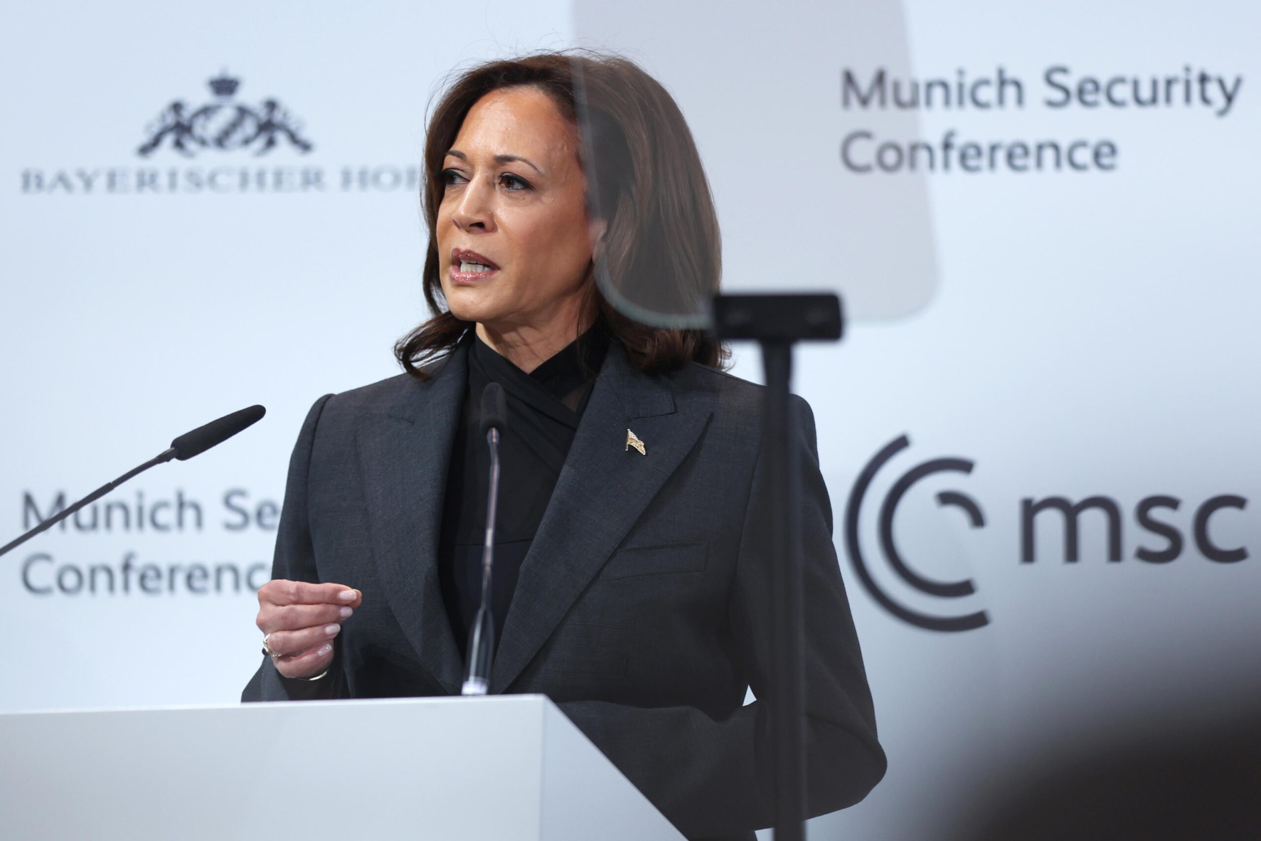 epa10474691 US Vice President Kamala Harris speaks during the 2023 Munich Security Conference (MSC) in Munich, Germany, 18 February 2023. The Munich Security Conference brings together defence leaders and stakeholders from around the world and is taking place February 17-19. Russia's ongoing war in Ukraine is dominating the agenda.  EPA/JOHANNES SIMON / POOL