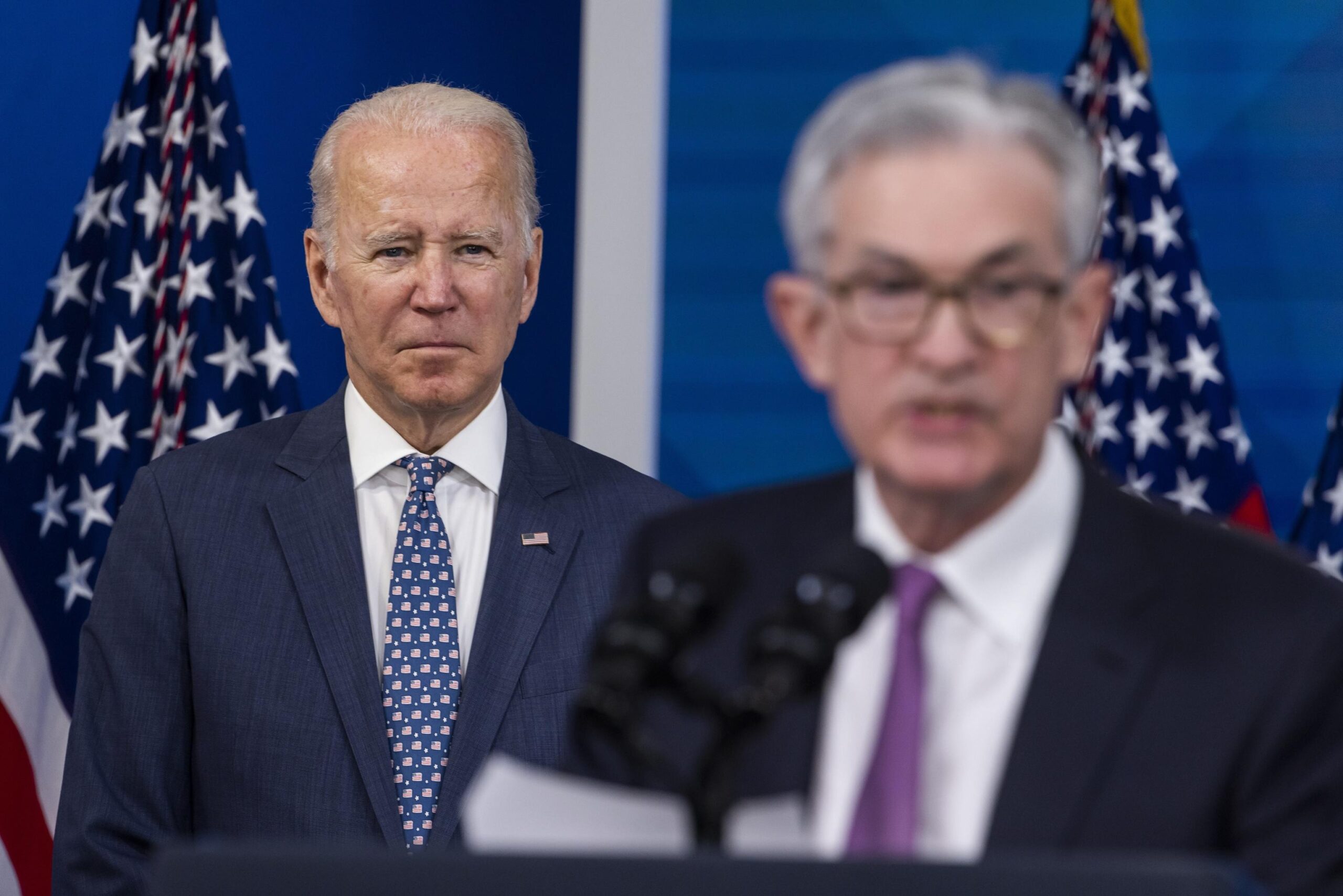 epa09597988 Chair of the Federal Reserve Jerome Powell (R) speaks after US President Joe Biden (L) nominated Powell to a second term as Chair of the Federal Reserve in the Eisenhower Executive Office Building in Washington, DC, USA, 22 November 2021. Biden also nominated Dr. Lael Brainard as the Fed's new Vice Chair. EPA/JIM LO SCALZO