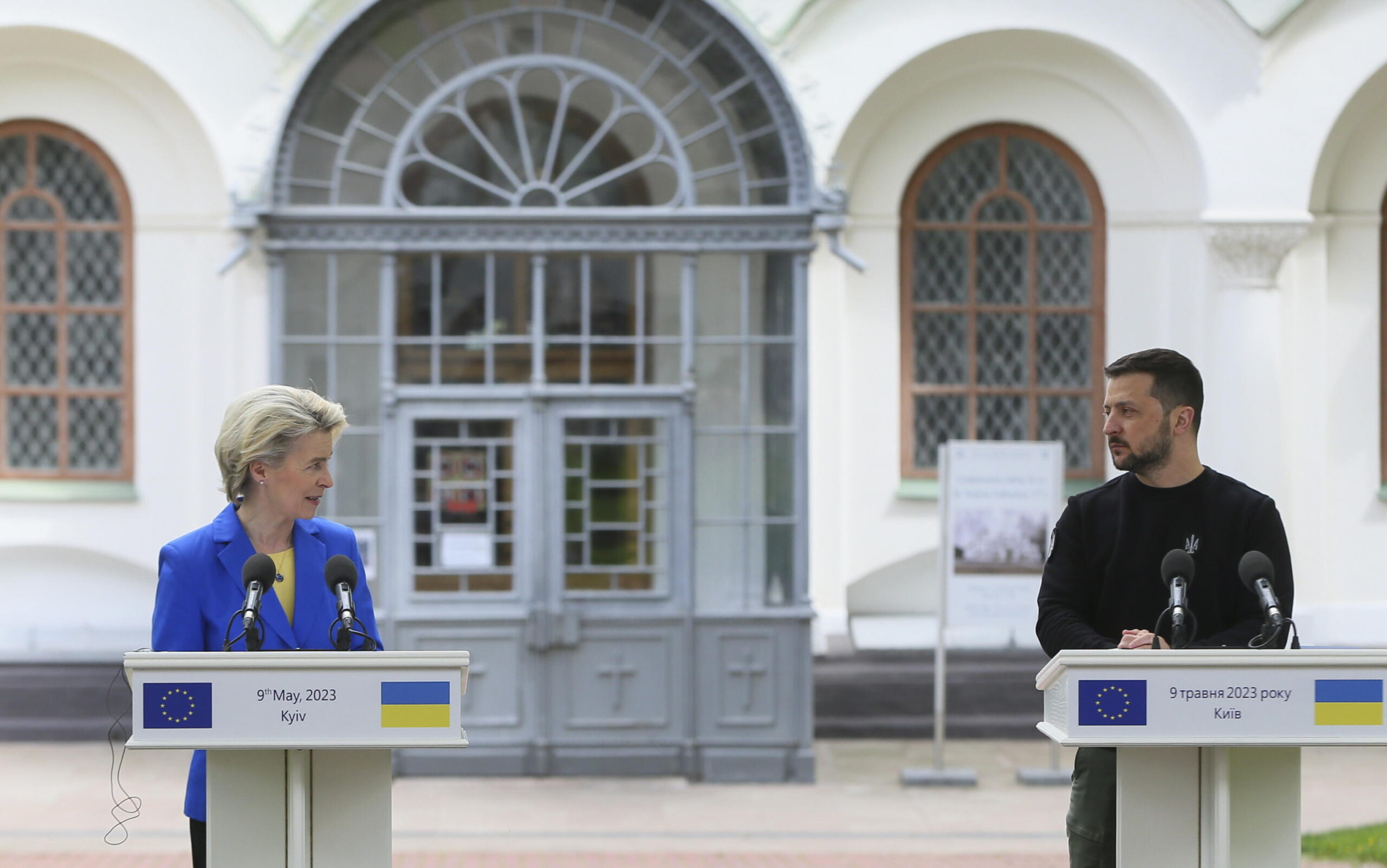 epa10617258 Ukraine's President Volodymyr Zelensky (R) and the President of the European Commission Ursula von der Leyen (L) speak to members of the media in a joint news conference near the St. Sophia Cathedral in Kyiv, Ukraine, 09 May 2023. Von der Leyen arrived in Kyiv to meet with top Ukrainian officials. President Zelensky announced that from now on May 09 will be annually celebrated as 'Europe Day' in Ukraine. Also on that day, some countries mark the 78th anniversary of Victory Day, the unconditional surrender of Nazi Germany on 08 May 1945, and the Allied Forces' victory, which marked the end of World War II in Europe. EPA/STEPAN FRANKO