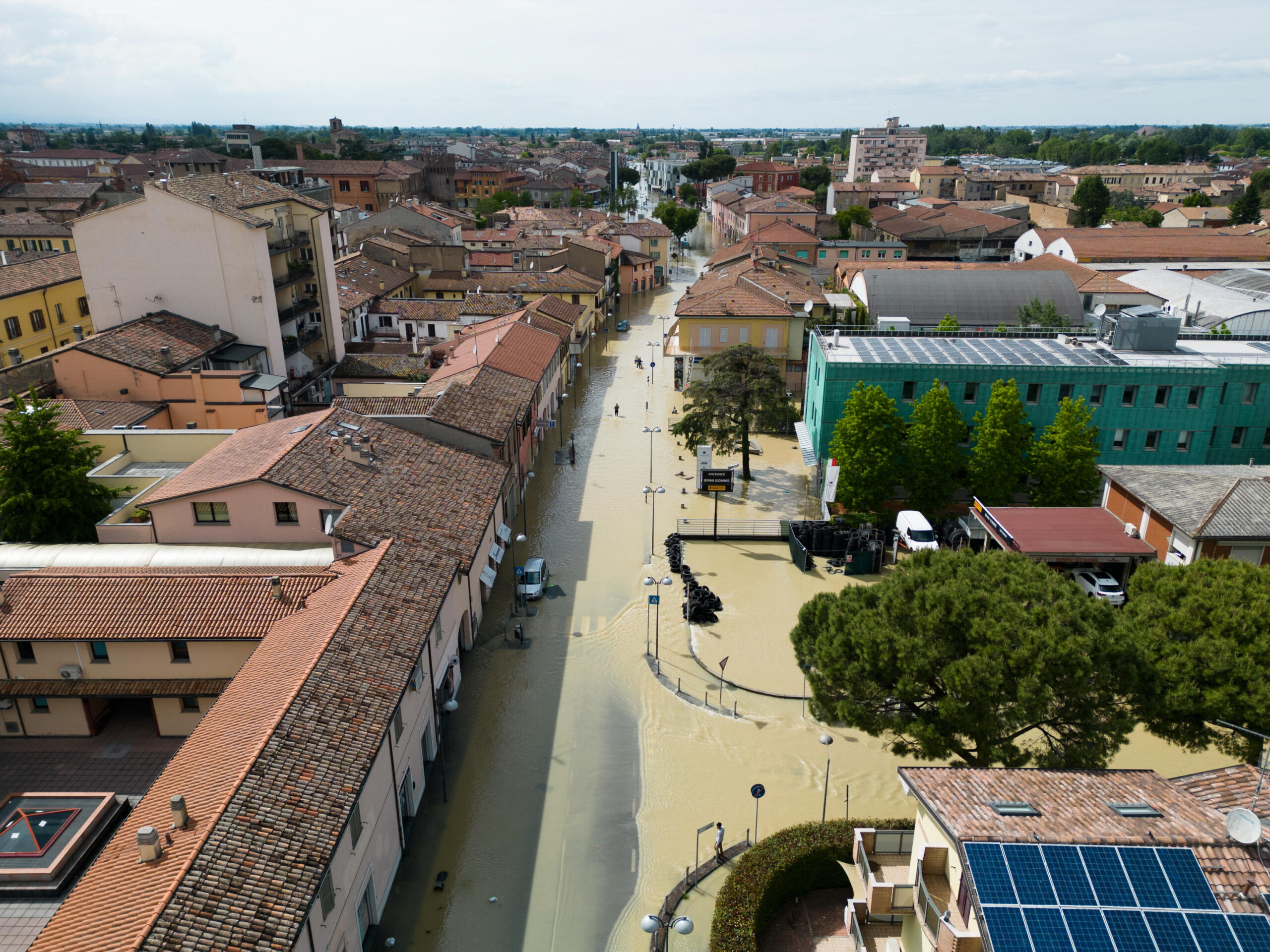 Flood shot with a drone in Lugo, near Ravenna, Italy, 18 May 2023. The Regional Councillor for Civil Protection Irene Priolo, announced that the municipalities involved in the flood emergency in the plain are now 42 and confirmed that the displaced are about ten thousand.  ANSA/EMANUELE VALERI