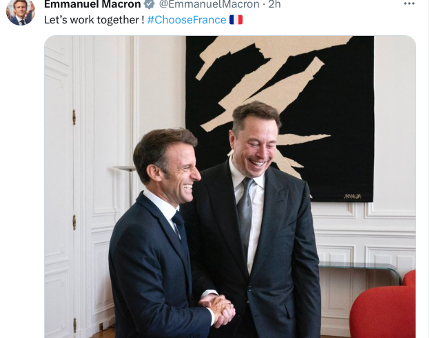 Musk, dalla “bella Roma” a Parigi. Macron: “Lavoriamo insieme!”