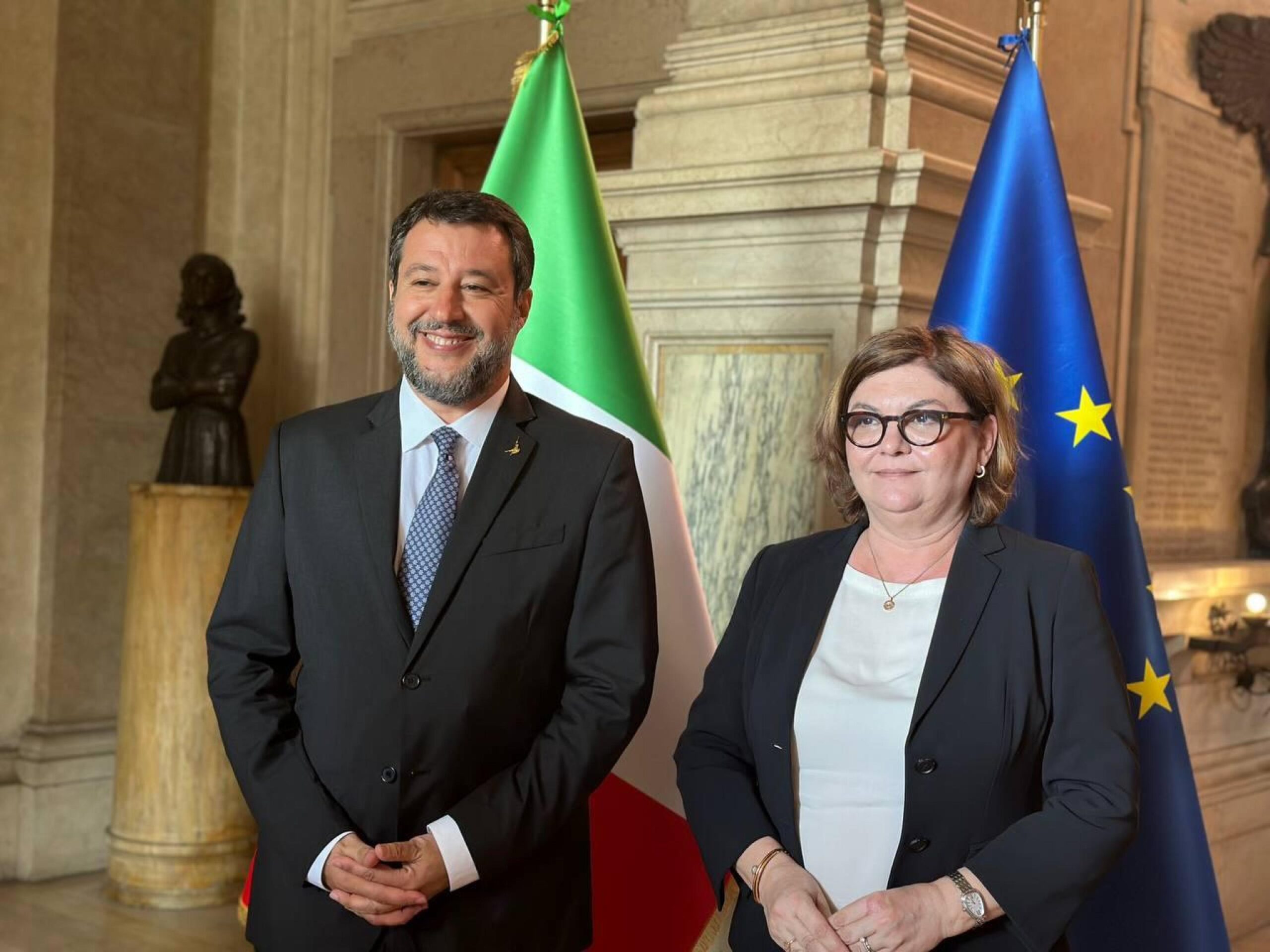 La commissaria europea per i trasporti, Adina Valean, e il ministro delle Infrastrutture Matteo Salvini, Roma, 27 giugno 2023. ANSA/ UFFICIO STAMPA ++HO - NO SALES EDITORIAL USE  ONLY++