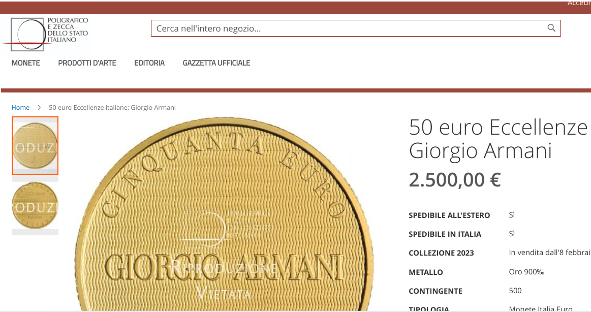 La moneta da 50 euro che celebra Giorgio Armani. Ma ne costa 2.500