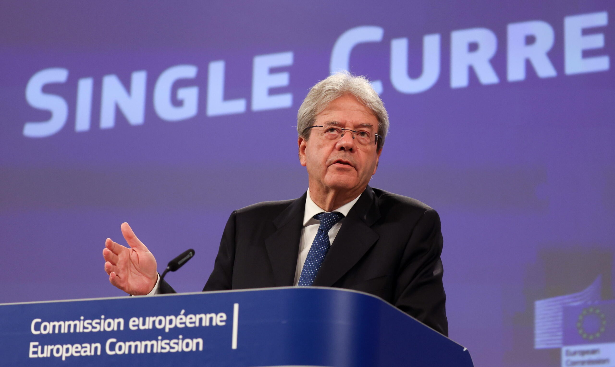 epa10715171 European Commissioner for Economy, Paolo Gentiloni, speaks during a press conference on proposals to support the use of cash and to propose a framework for a digital euro following the European Commission weekly college meeting in Brussels, Belgium, 28 June 2023. The European Commission has put forward two proposals to ensure that citizens and businesses can continue to access and pay with euro banknotes and coins across the euro area, and to set out a framework for a possible new digital form of the euro that the European Central Bank may issue in the future, as a complement to cash.  EPA/OLIVIER HOSLET