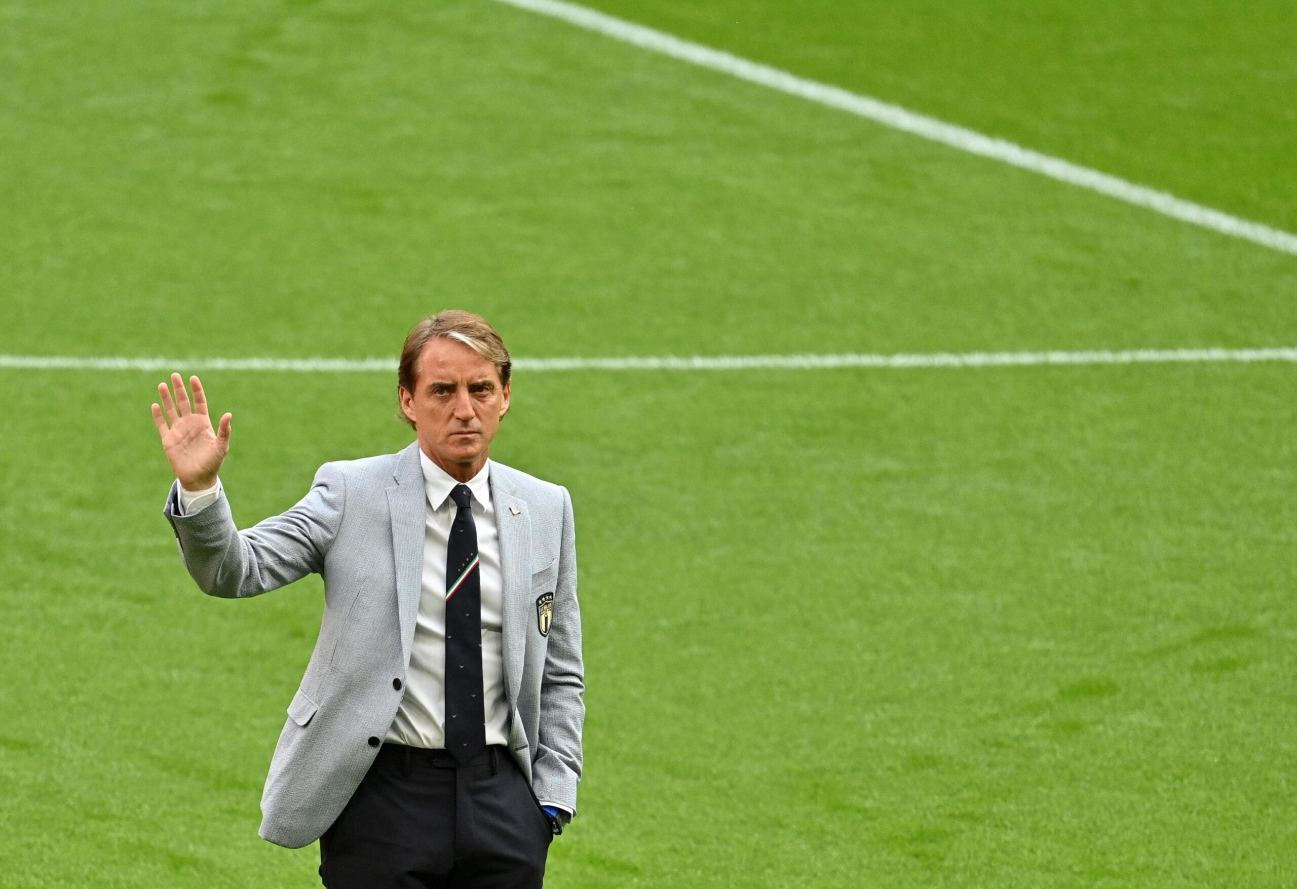 Italy's head coach Roberto Mancini inspects the pitch prior to the UEFA EURO 2020 round of 16 soccer match between Italy and Austria in London, Britain, 26 June 2021. ANSA/Justin Tallis / POOL
