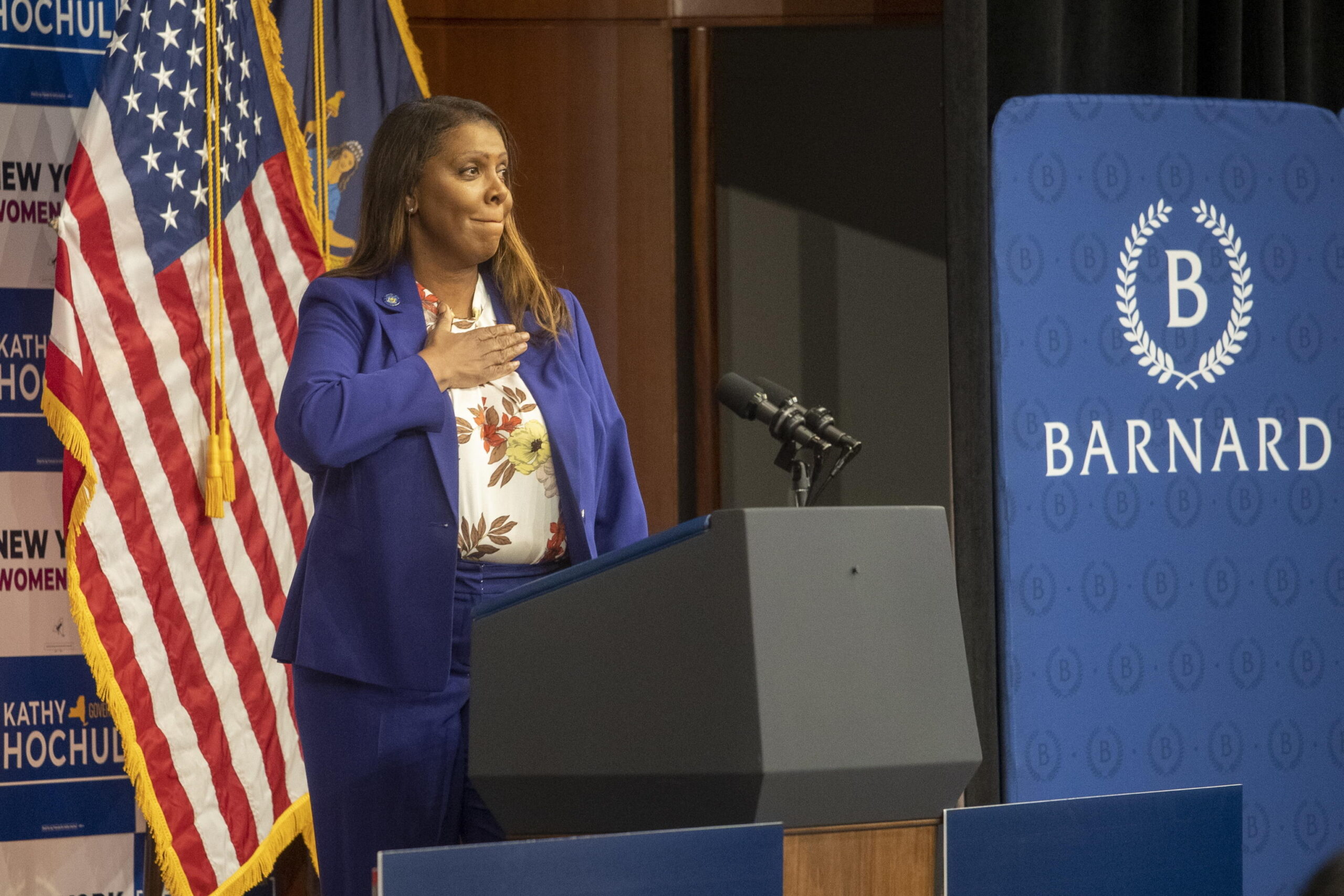 epa10285193 Attorney General for the State of New York Letitia James reacts to the crowd during a campaign event at Barnard College, in New York, New York, USA, 03 November 2022. Midterm elections will take place on 08 November 2022. EPA/SARAH YENESEL