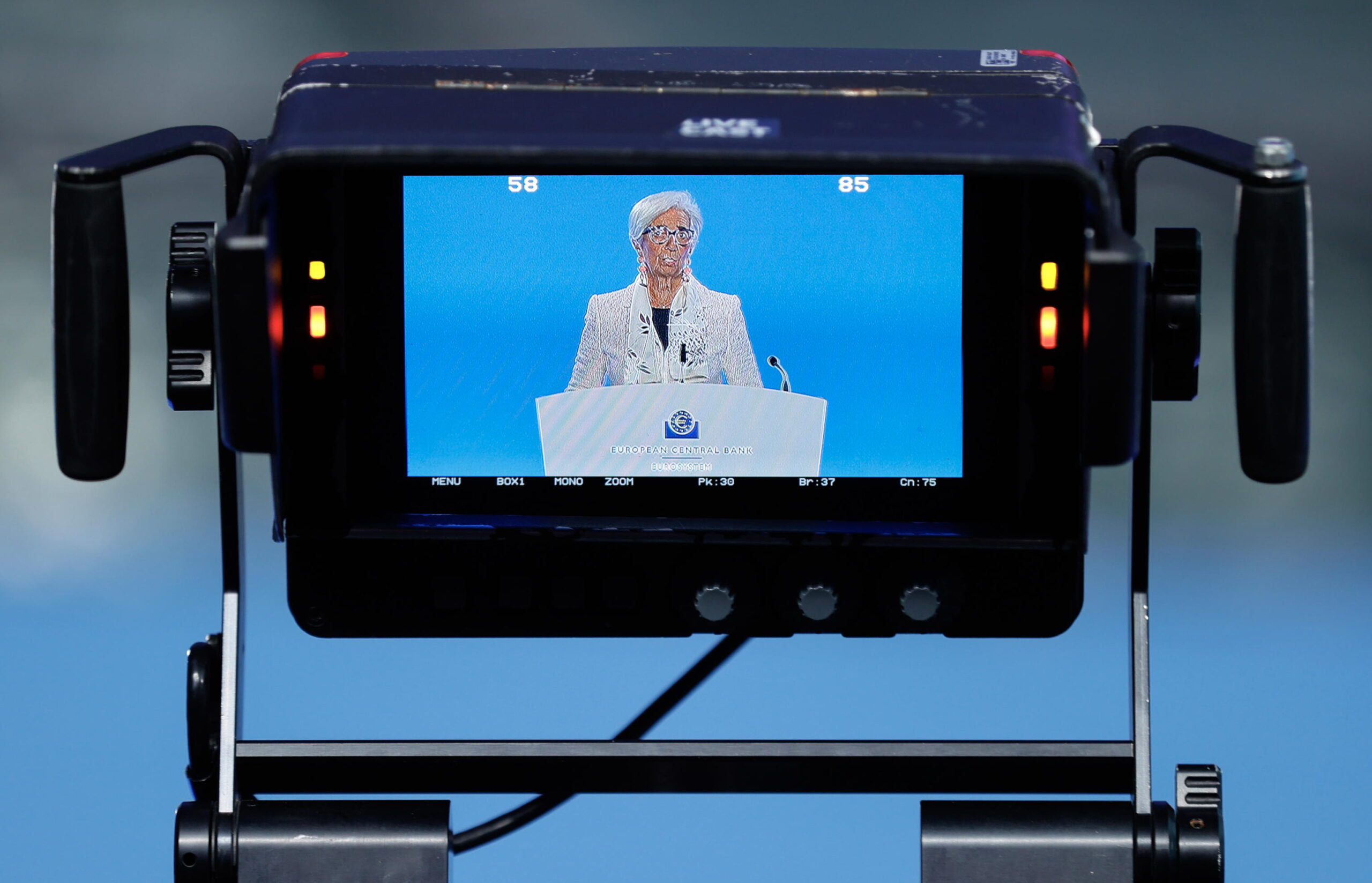 epa10771583 European Central Bank (ECB) President Christine Lagarde is seen on a camera screen as she addresses a press conference following the ECB Governing Council meeting in Frankfurt am Main, Germany, 27 July 2023. The Governing Council on 27 July, decided to raise the three key ECB interest rates by 25 basis points, to ensure that inflation returns to its 2 percent medium-term target, according to European Central Bank.  EPA/RONALD WITTEK