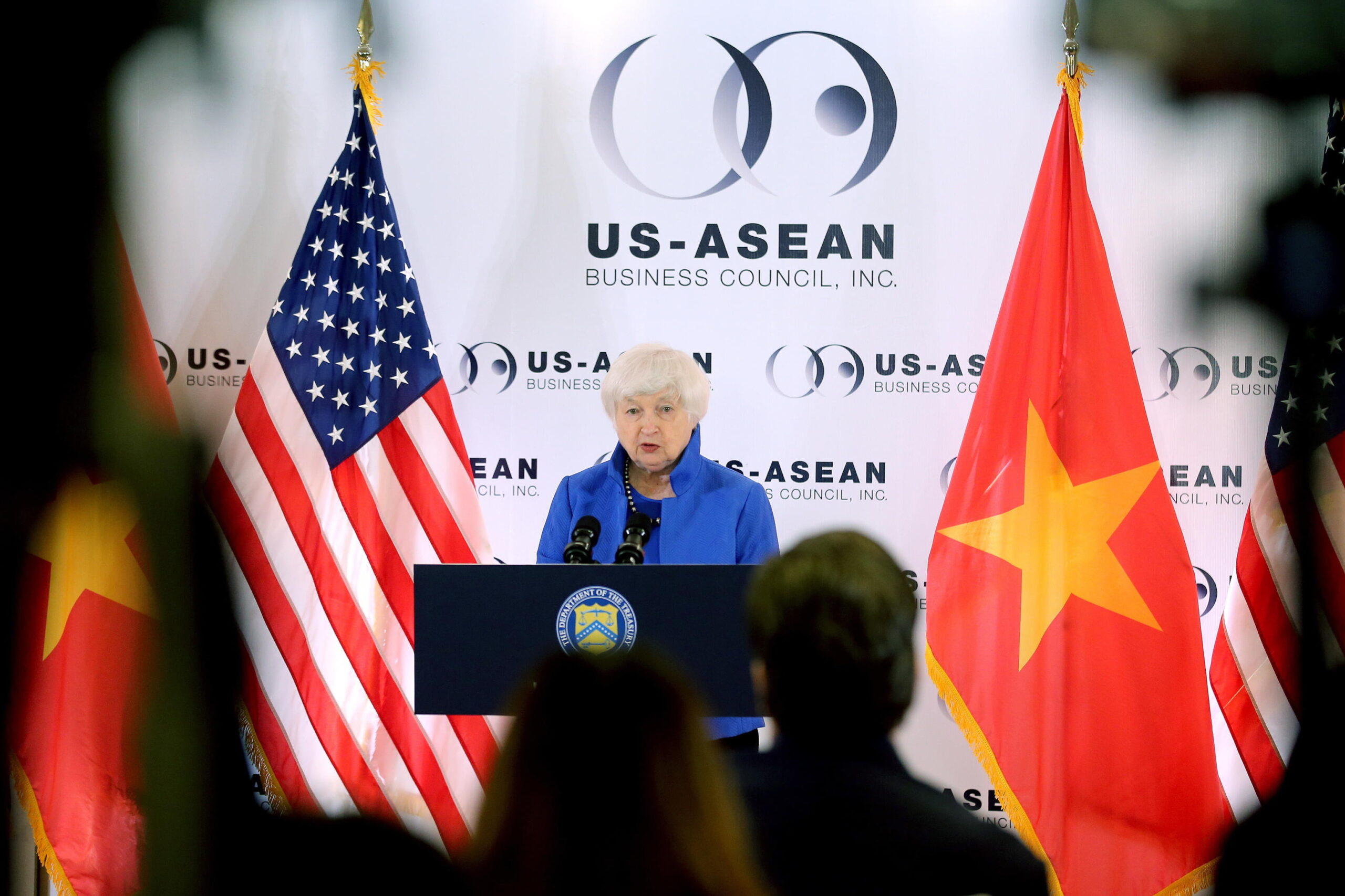 epa10759293 US Secretary of the Treasury Janet Yellen delivers a speech as she meets with the US-ASEAN Business Council in Hanoi, Vietnam, 21 July 2023. Yellen is on a three-day working visit to Vietnam, from 19 to 21 July, to discuss bilateral economic relations and regional affairs EPA/LUONG THAI LINH