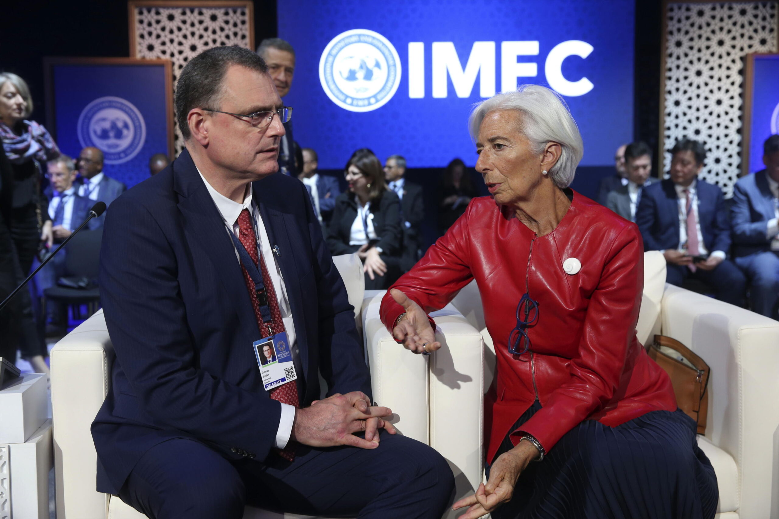 epa10918480 European Central Bank President, Christine Lagarde (R), and Swiss National Bank Chairman, Thomas Jordan, attend the plenary session of the International Monetary Finance Committee (IMFC) during the annual meeting of the International Monetary Fund (IMF) and the World Bank Group (WBG), in Marrakesh, Morocco, 14 October 2023. This year's annual meetings, held from 09 to 15 October 2023, are joined by central bankers, ministers of finance and development, parliamentarians, private sector executives, representatives from civil society organizations and academics.  EPA/Jalal Morchidi