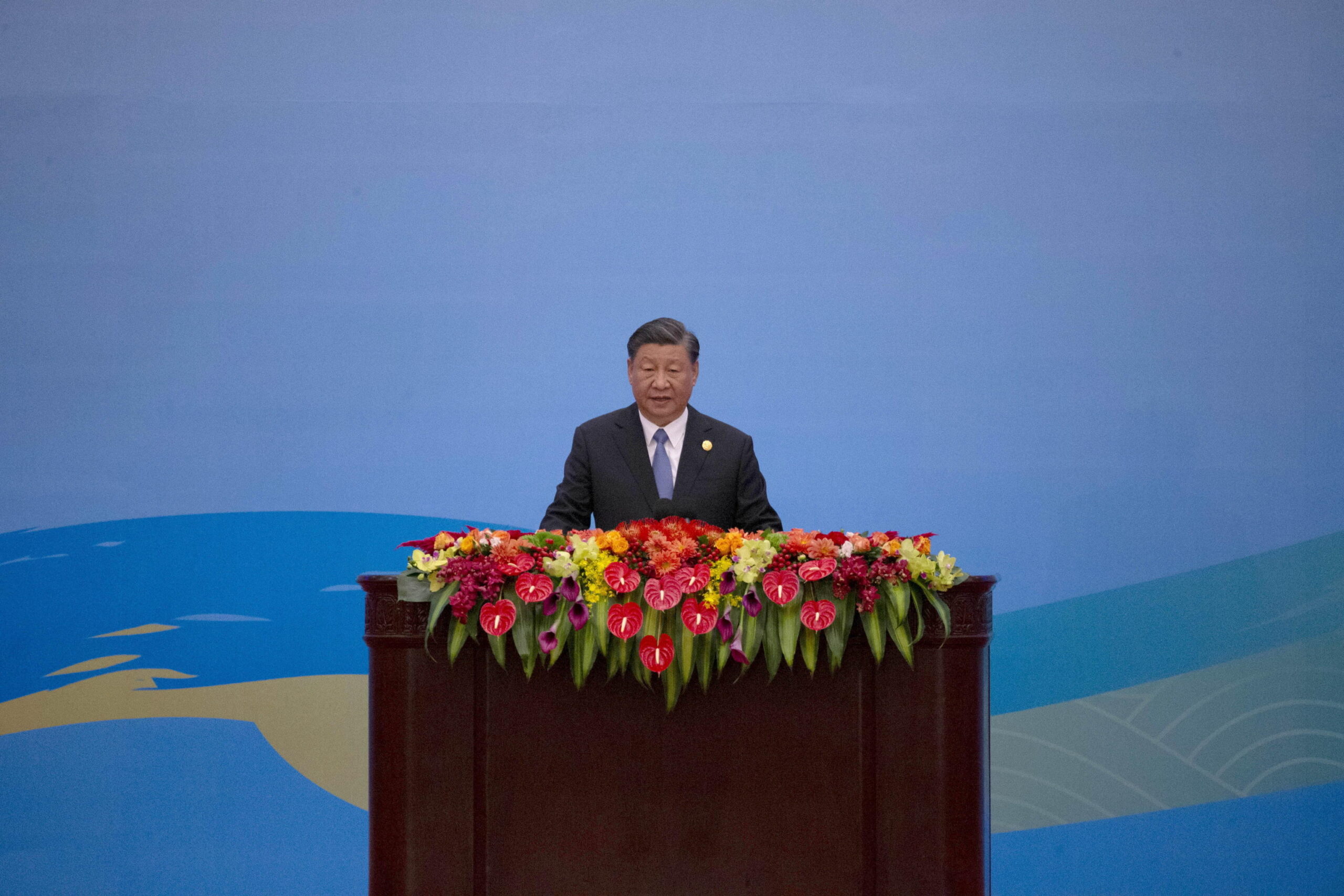 epa10924698 Chinese President Xi Jinping speaks during the opening ceremony of the Third Belt and Road Forum for International Cooperation in Beijing, China, 18 October 2023.  EPA/ANDRES MARTINEZ CASARES
