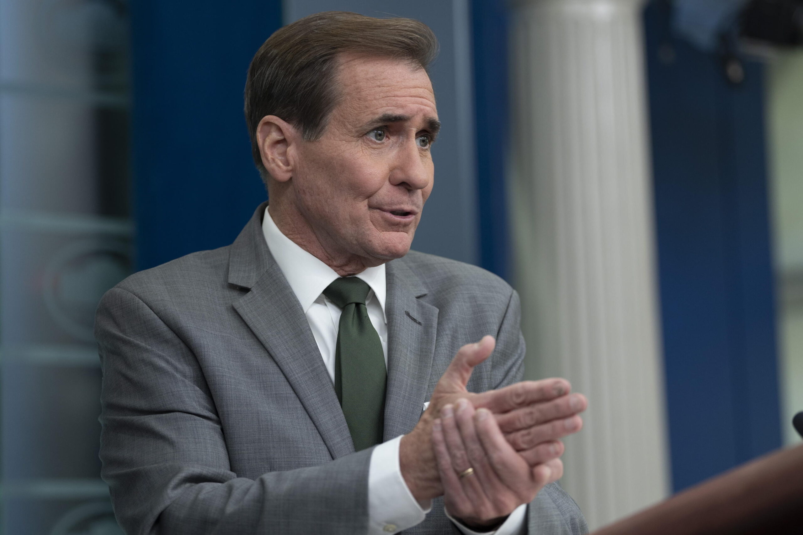 epa10964905 The U.S. National Security Council Strategic Communications Coordinator John Kirby speaks during the daily news briefing at the White House in Washington, DC, USA, 08 November 2023.  EPA/Chris Kleponis / POOL
