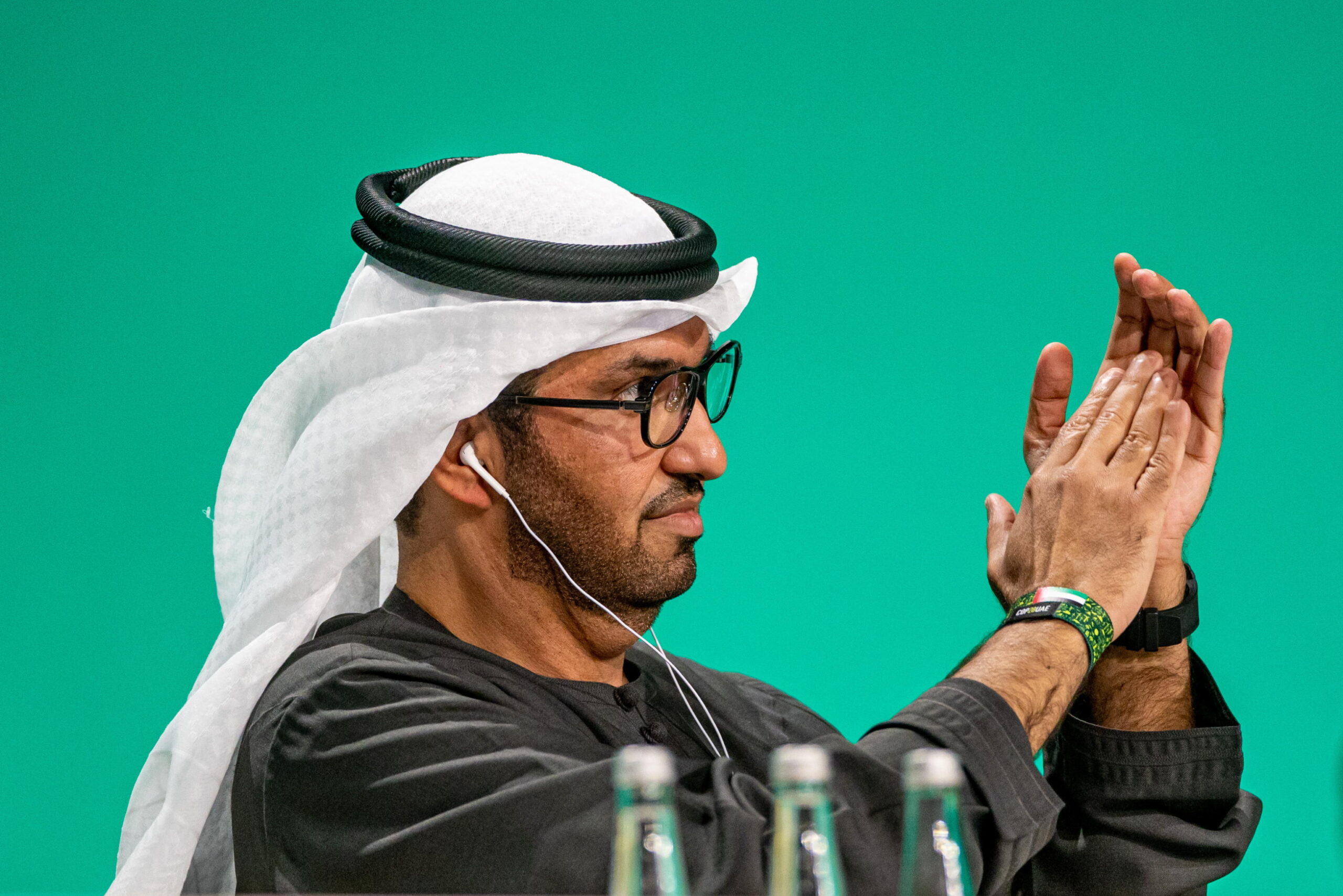 epa11023063 President of COP28 and UAE's Minister for Industry and Advanced Technology Dr. Sultan Ahmed Al Jaber claps during the 2023 United Nations Climate Change Conference (COP28), in Dubai, United Arab Emirates, 11 December 2023. The 2023 United Nations Climate Change Conference (COP28), runs from 30 November to 12 December, and is expected to host one of the largest number of participants in the annual global climate conference as over 70,000 estimated attendees, including the member states of the UN Framework Convention on Climate Change (UNFCCC), business leaders, young people, climate scientists, Indigenous Peoples and other relevant stakeholders will attend. EPA/MARTIN DIVISEK