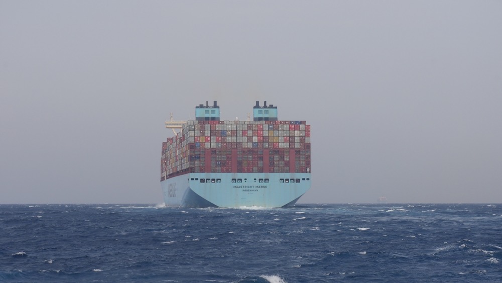 Egypt, Red Sea. Oct 3, 2023. Container ship Maastricht Maersk heads north up the Red Sea towards the Suez Canal. She sailed from Ningbo, China, to Rotterdam.