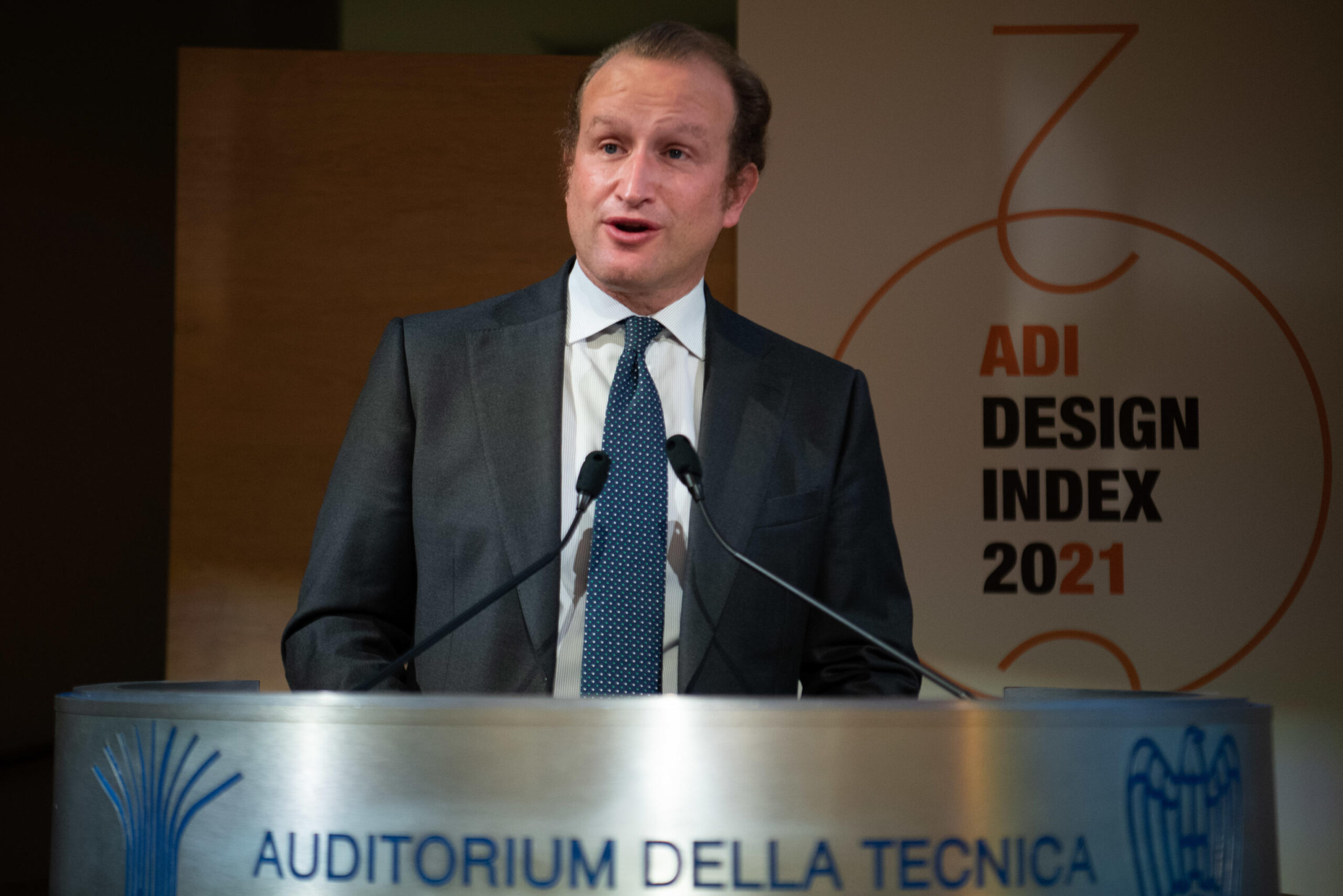 LÕintervento di Alberto Marenghi, presidente Confindustria Servizi, nel corso della cerimonia di inaugurazione della mostra ADI Design Index 2021 a Roma, 18 novembre 2021. MAURIZIO BRAMBATTI/ANSA