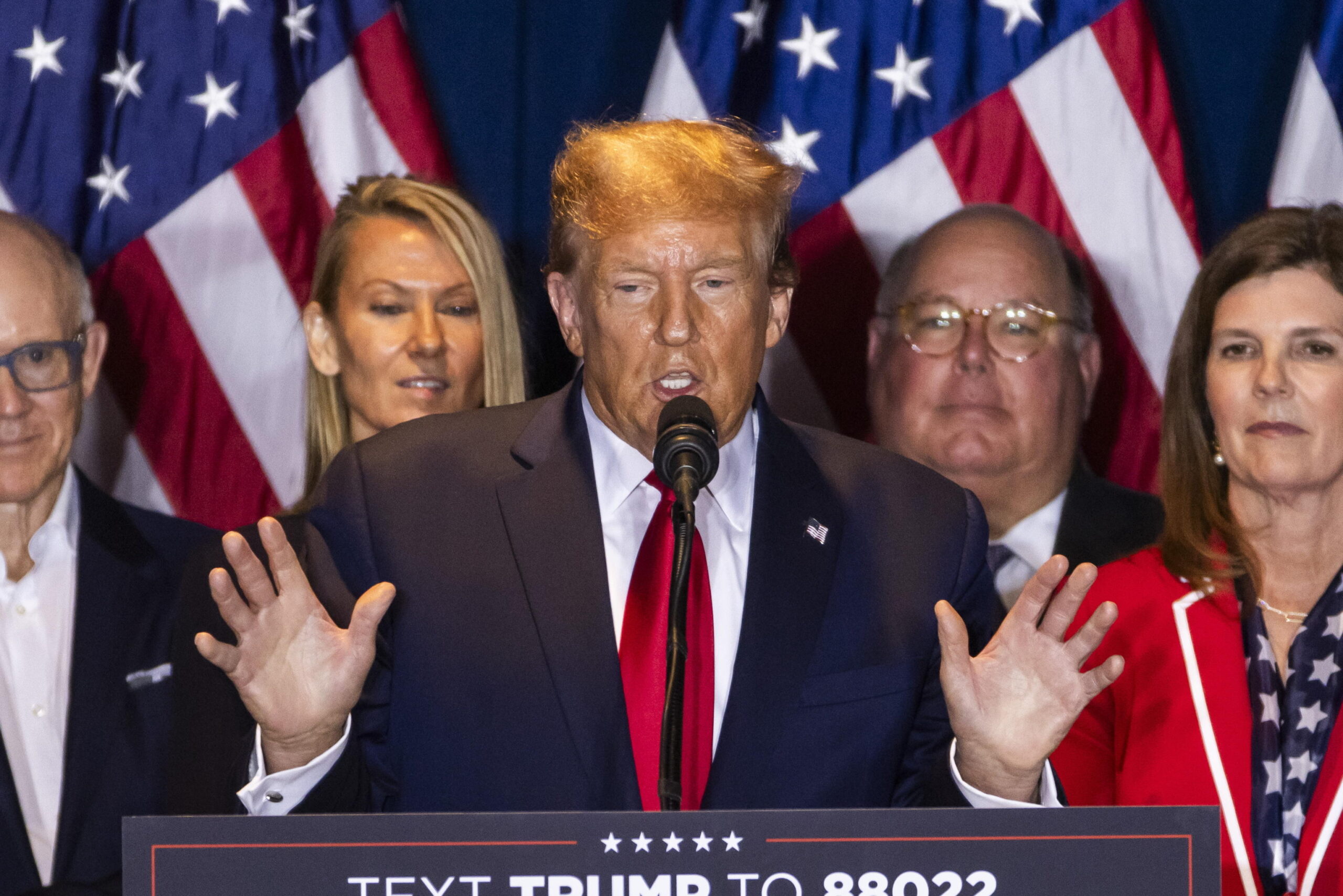 epa11179438 Former US President Donald Trump (C) speaks after defeating former governor Nikki Haley in South Carolina's Republican presidential primary in Columbia, South Carolina, USA, 24 February 2024. Though Trump defeated Haley handily, she is vowing to stay in the primary race.  EPA/JIM LO SCALZO