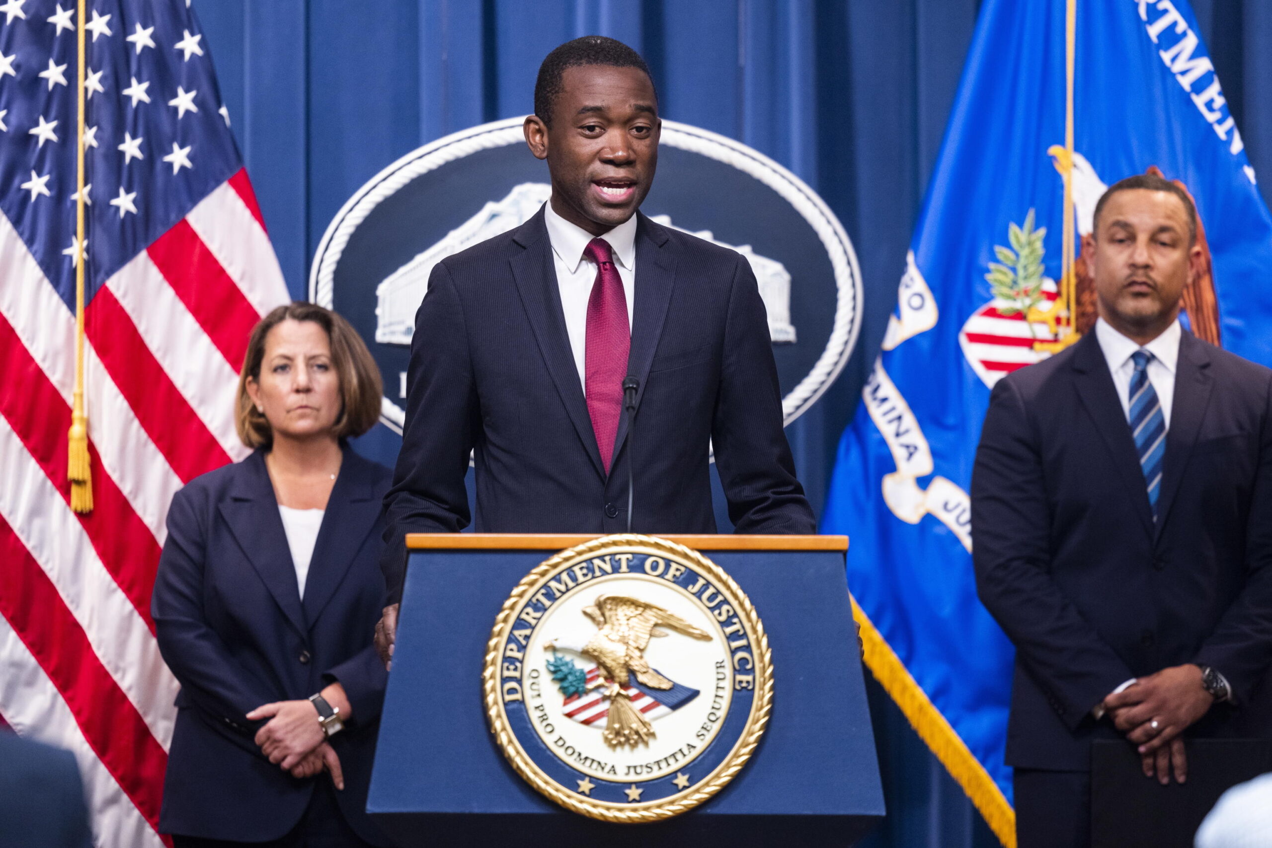 epa10413935 US Deputy Secretary of the Treasury Department Wally Adeyemo (C), alongside Deputy Attorney General Lisa Monaco (L) and US Attorney Breon Peace (R), speaks at a press conference to announce the arrest of Anatoly Legkodymov, founder of the cryptocurrency exchange Bitzlato, at the Department of Justice in Washington, DC, USA, 18 January 2023. Legkodymov, a Russian national living in China, was arrested in Miami for allegedly running a vast money laundering operation through Bitzlato.  EPA/JIM LO SCALZO