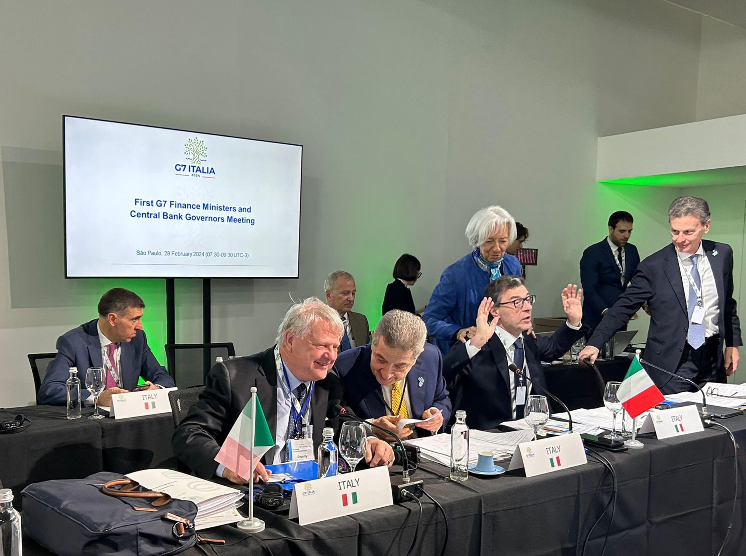 Il ministro dell'Economia, Giancarlo Giorgetti, a San Paolo per il G7/G20, intervenendo ad un ricevimento organizzato per la comunità italiana, 28 Febbraio 2024. ANSA/US
